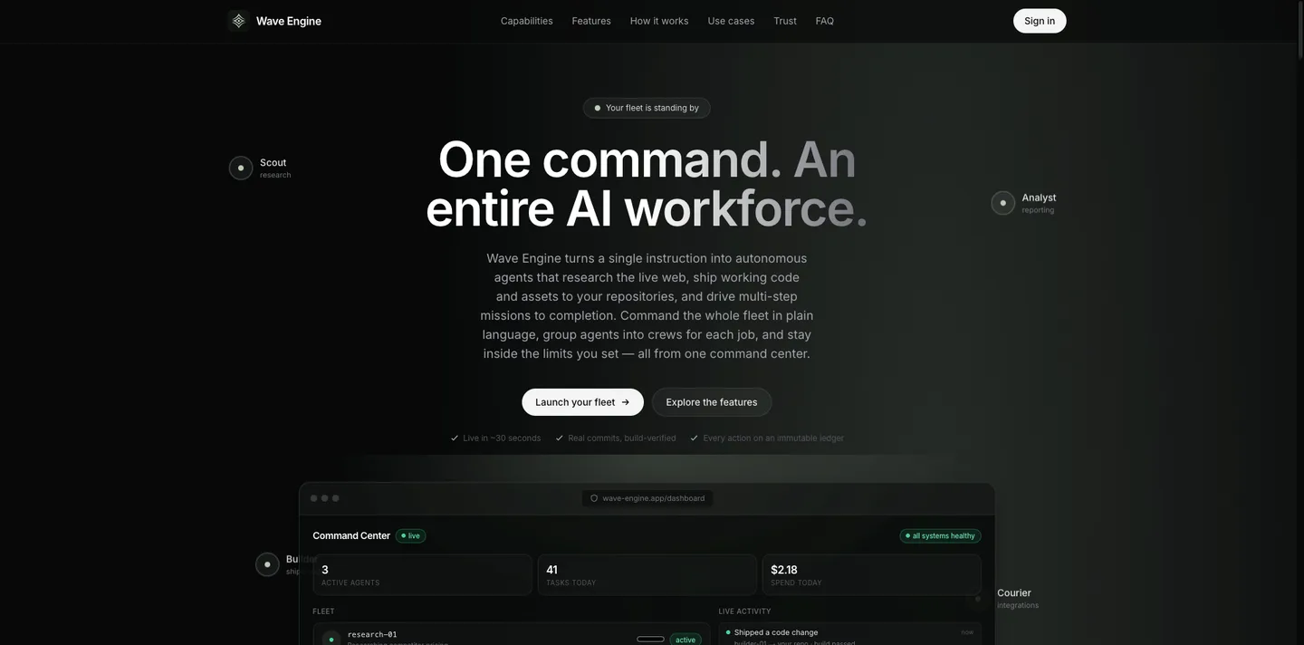 Screenshot of Wave Engine: a self-building fleet of AI agents
